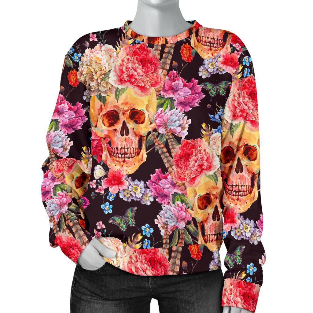 Blossom Peony Skull Pattern Print Women's Crewneck Sweatshirt GearFrost