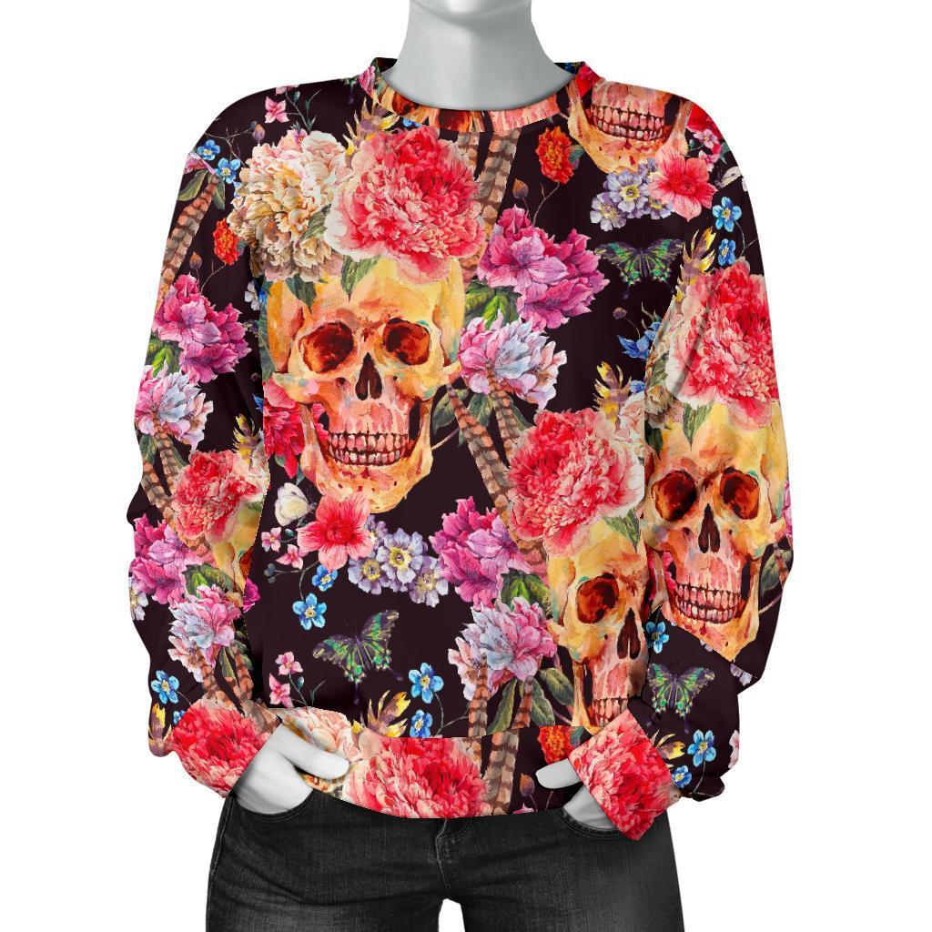 Blossom Peony Skull Pattern Print Women's Crewneck Sweatshirt GearFrost