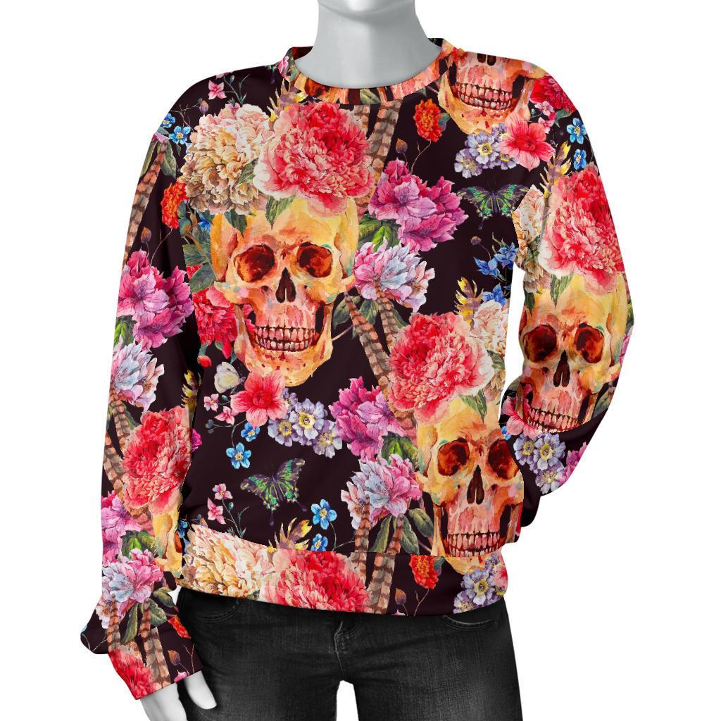 Blossom Peony Skull Pattern Print Women's Crewneck Sweatshirt GearFrost