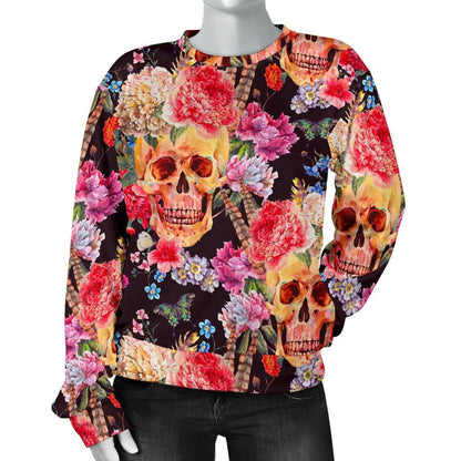 Blossom Peony Skull Pattern Print Women's Crewneck Sweatshirt GearFrost