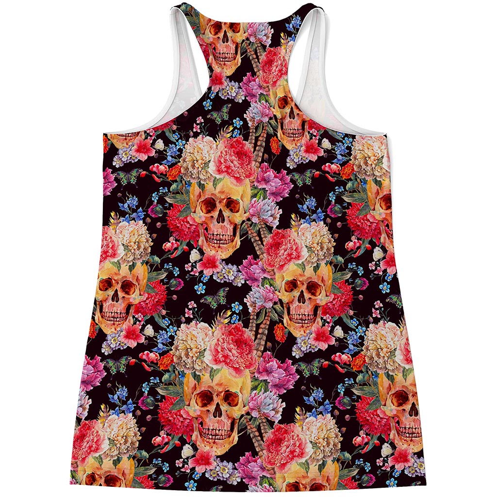 Blossom Peony Skull Pattern Print Women's Racerback Tank Top