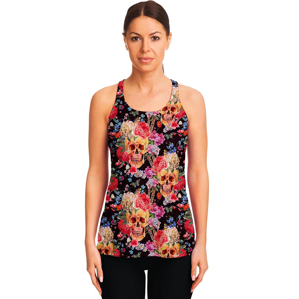 Blossom Peony Skull Pattern Print Women's Racerback Tank Top