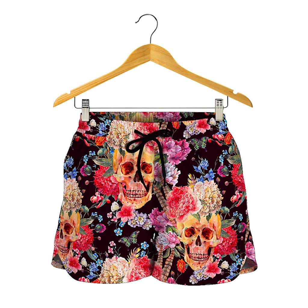 Blossom Peony Skull Pattern Print Women's Shorts