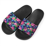 Blossom Tropical Flower Pattern Print Black Slide Sandals