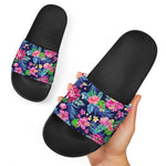 Blossom Tropical Flower Pattern Print Black Slide Sandals