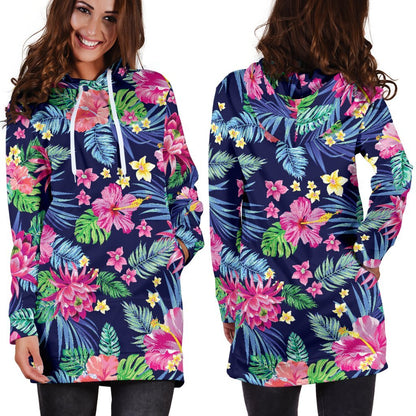 Blossom Tropical Flower Pattern Print Hoodie Dress GearFrost