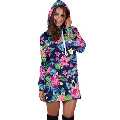 Blossom Tropical Flower Pattern Print Hoodie Dress GearFrost