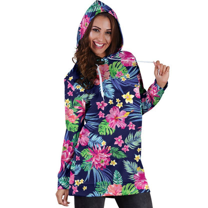 Blossom Tropical Flower Pattern Print Hoodie Dress GearFrost
