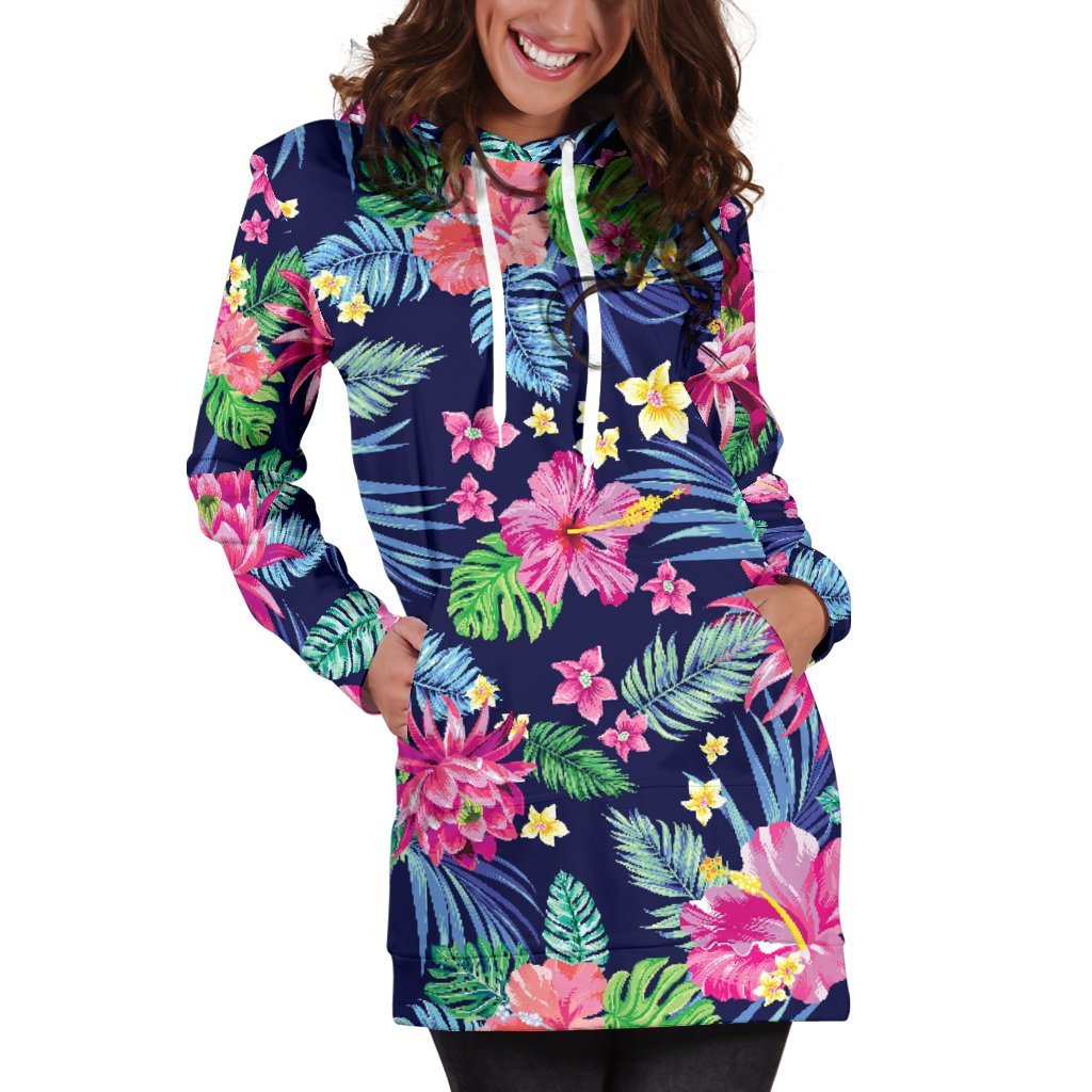 Blossom Tropical Flower Pattern Print Hoodie Dress GearFrost