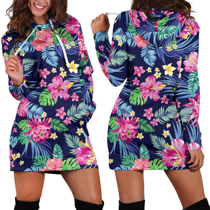 Blossom Tropical Flower Pattern Print Hoodie Dress GearFrost