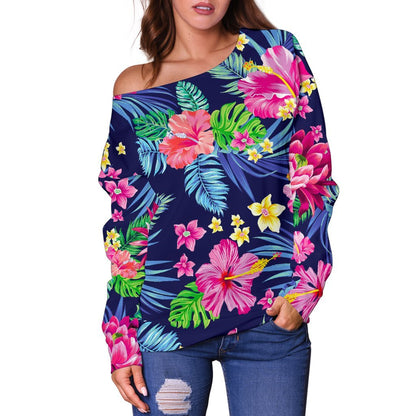 Blossom Tropical Flower Pattern Print Off Shoulder Sweatshirt GearFrost