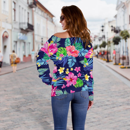 Blossom Tropical Flower Pattern Print Off Shoulder Sweatshirt GearFrost
