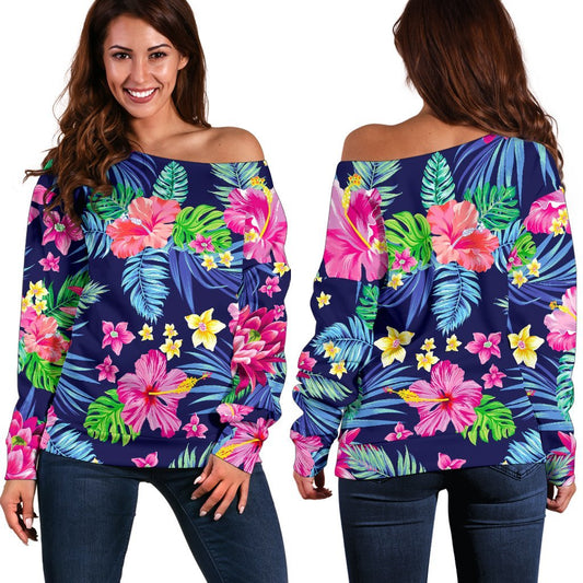 Blossom Tropical Flower Pattern Print Off Shoulder Sweatshirt GearFrost