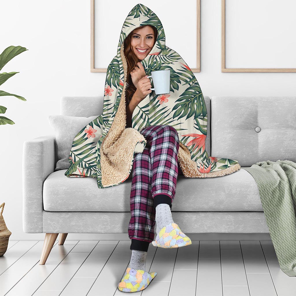 Blossom Tropical Leaves Pattern Print Hooded Blanket
