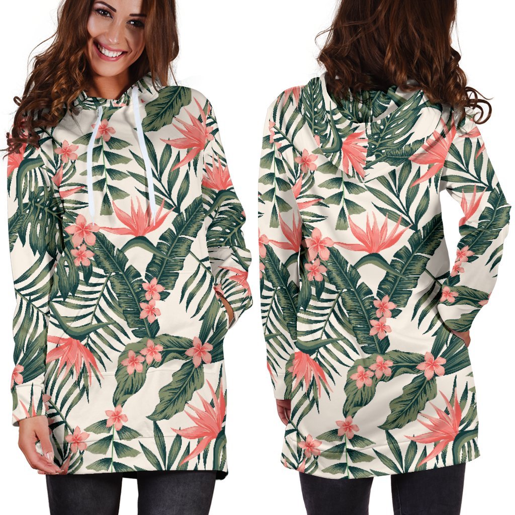 Blossom Tropical Leaves Pattern Print Hoodie Dress GearFrost