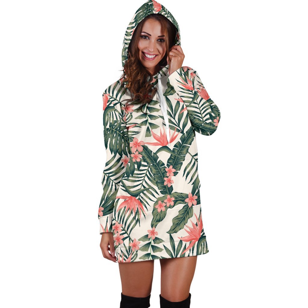 Blossom Tropical Leaves Pattern Print Hoodie Dress GearFrost