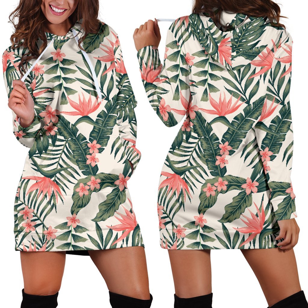 Blossom Tropical Leaves Pattern Print Hoodie Dress GearFrost