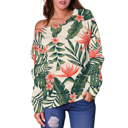 Blossom Tropical Leaves Pattern Print Off Shoulder Sweatshirt GearFrost
