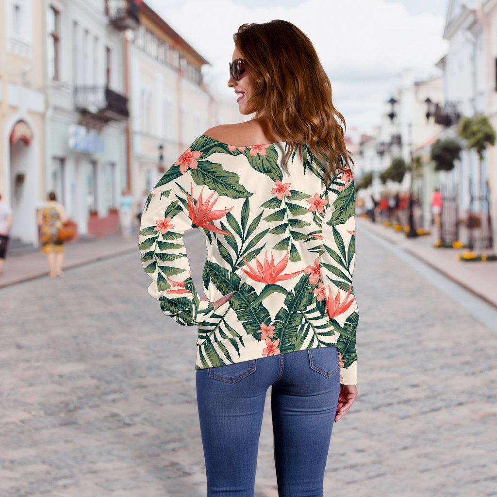 Blossom Tropical Leaves Pattern Print Off Shoulder Sweatshirt GearFrost