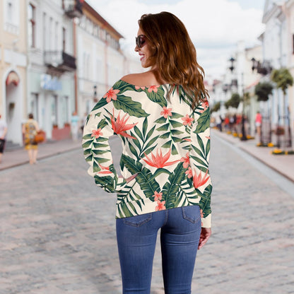 Blossom Tropical Leaves Pattern Print Off Shoulder Sweatshirt GearFrost