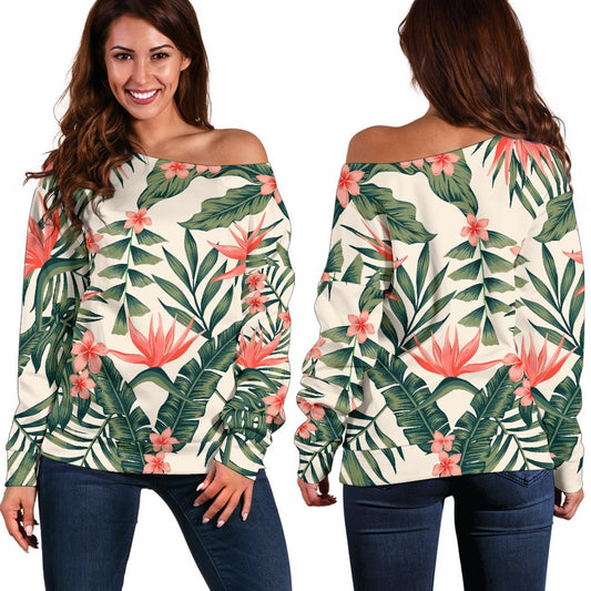 Blossom Tropical Leaves Pattern Print Off Shoulder Sweatshirt GearFrost