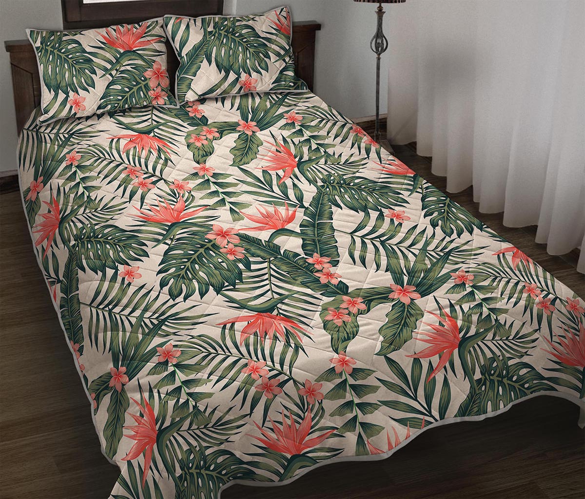 Blossom Tropical Leaves Pattern Print Quilt Bed Set