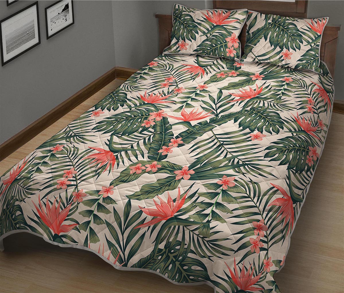 Blossom Tropical Leaves Pattern Print Quilt Bed Set