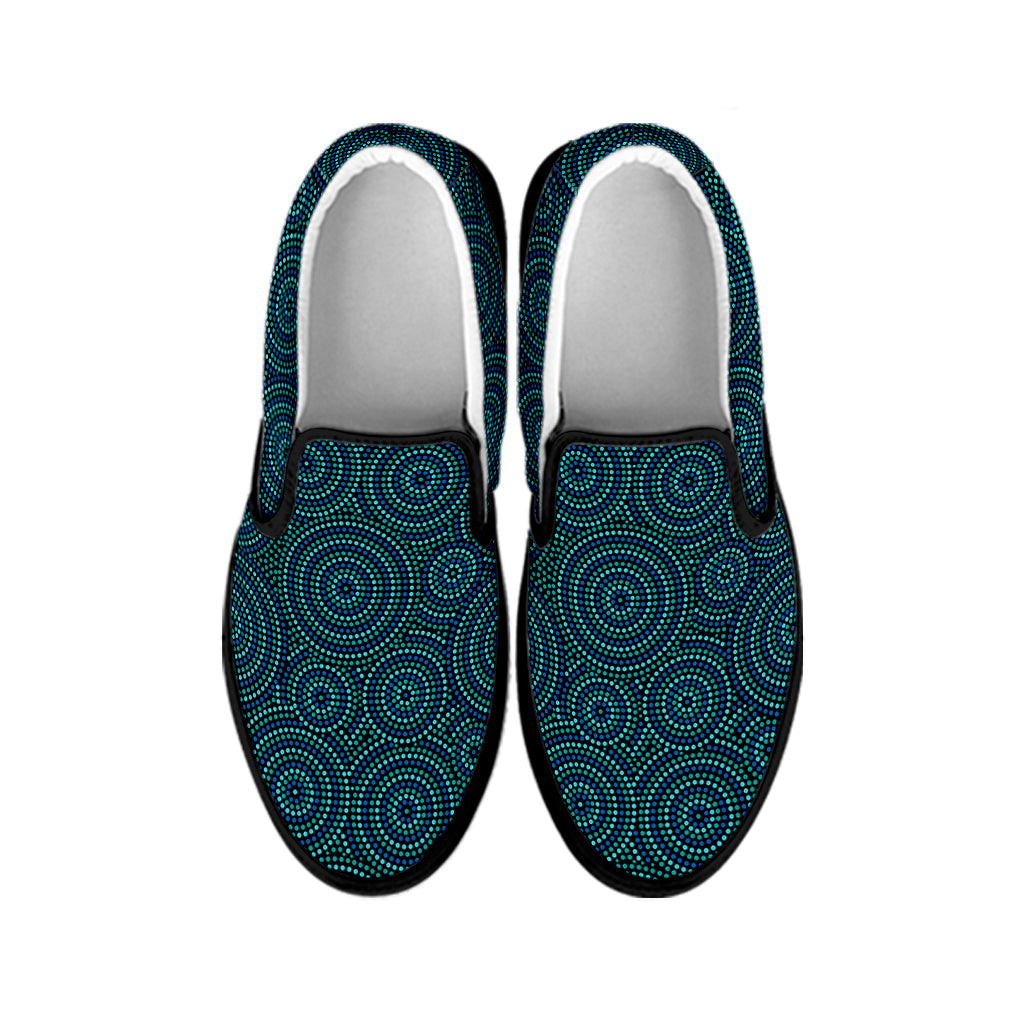 Blue Aboriginal Dot Pattern Print Black Slip On Shoes