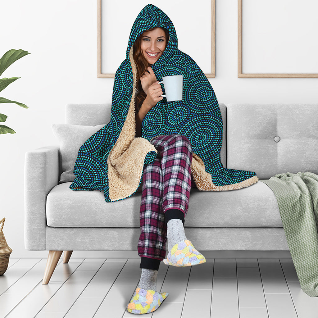 Blue Aboriginal Dot Pattern Print Hooded Blanket