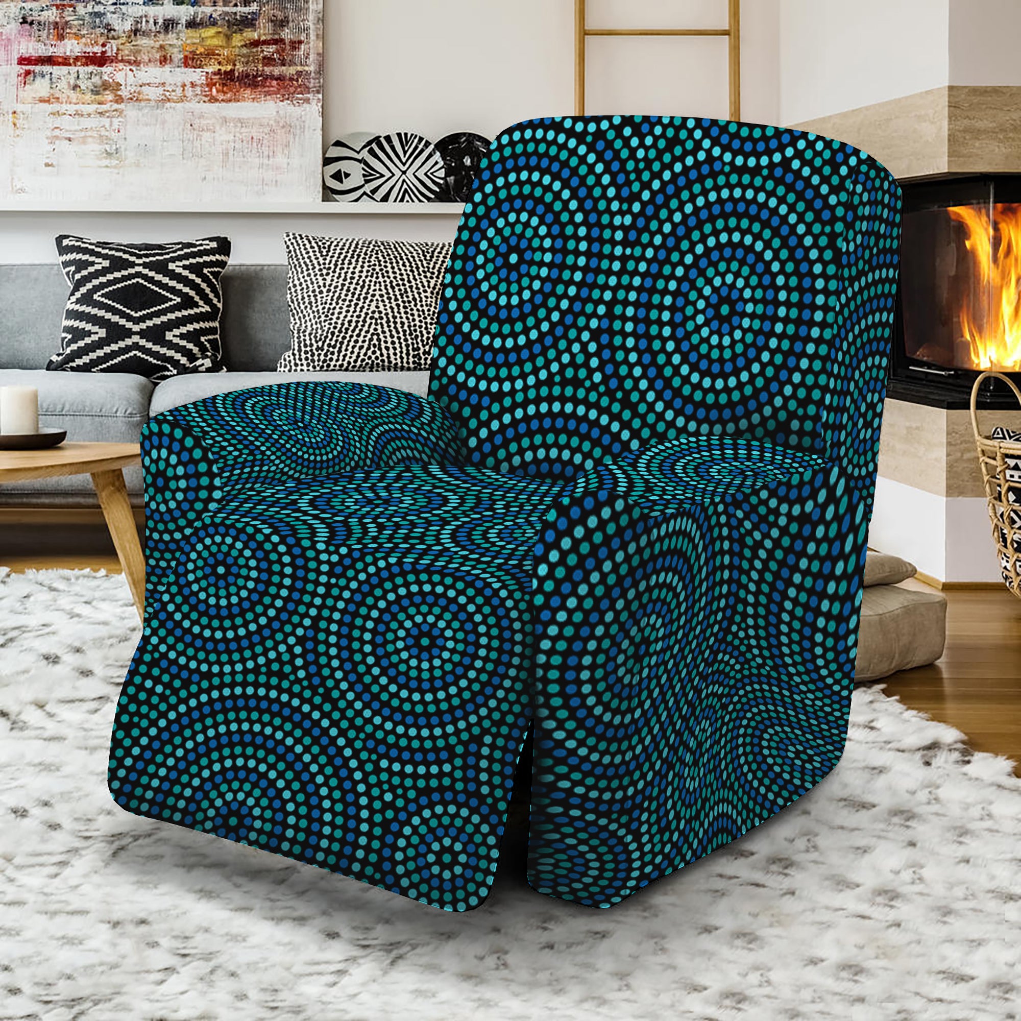 Blue Aboriginal Dot Pattern Print Recliner Slipcover