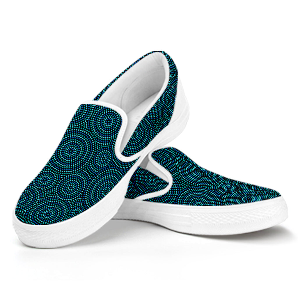 Blue Aboriginal Dot Pattern Print White Slip On Shoes