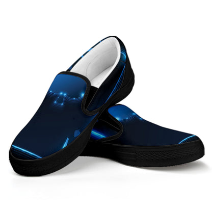 Blue Ace Card Print Black Slip On Shoes