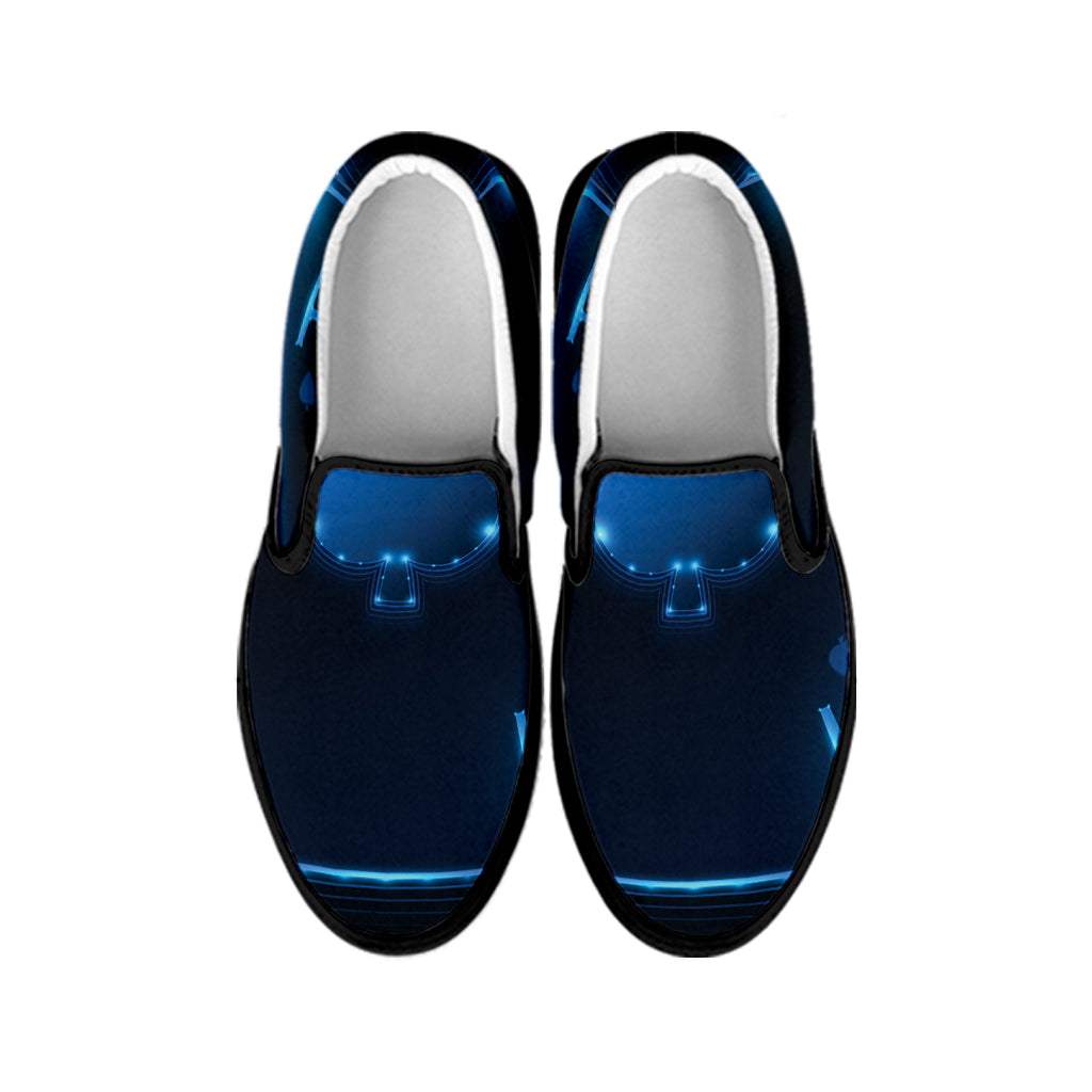Blue Ace Card Print Black Slip On Shoes