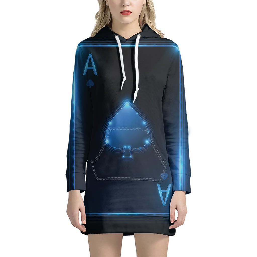 Blue Ace Card Print Pullover Hoodie Dress