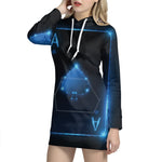 Blue Ace Card Print Pullover Hoodie Dress