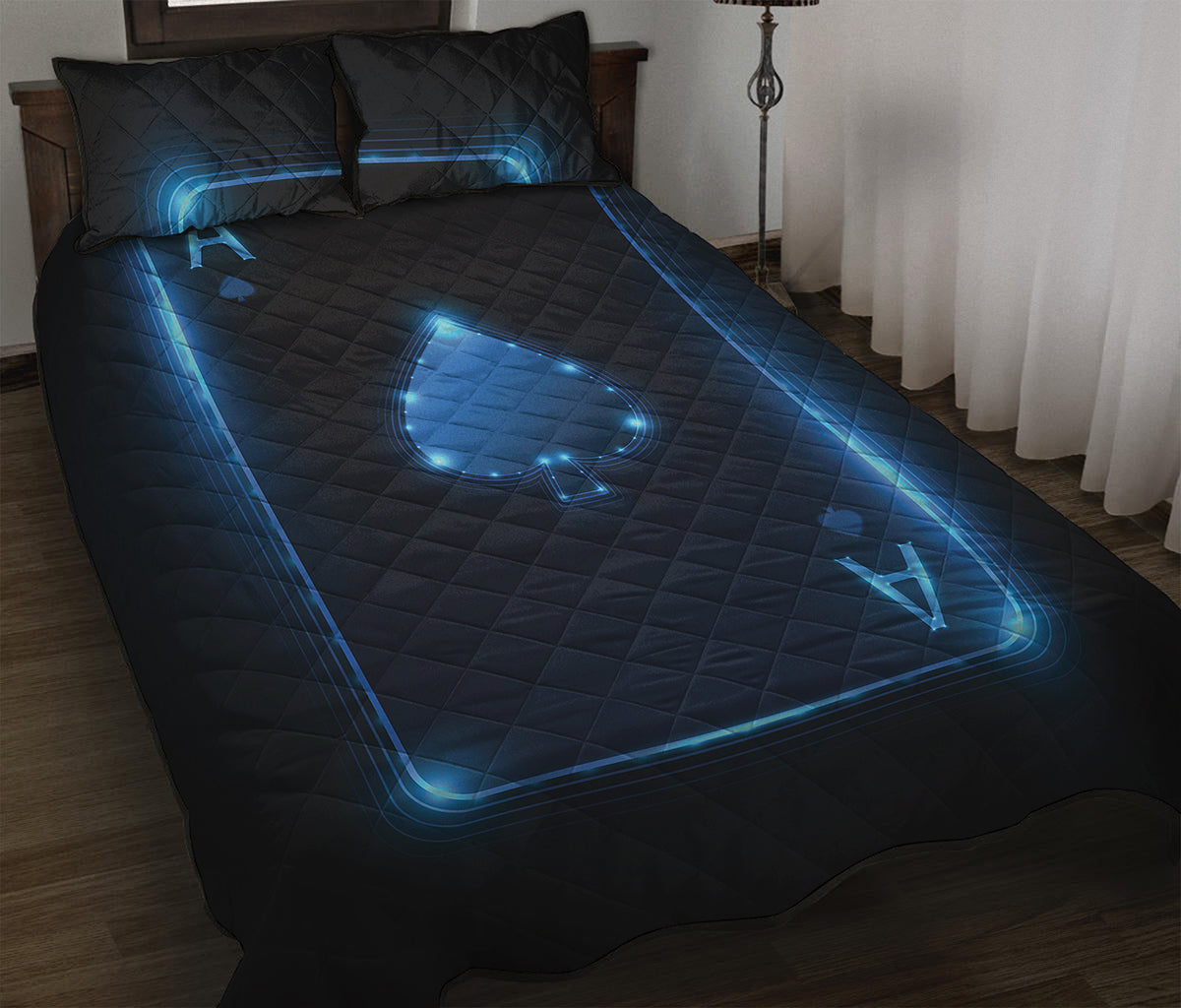 Blue Ace Card Print Quilt Bed Set