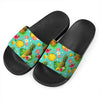 Blue Aloha Pineapple Pattern Print Black Slide Sandals