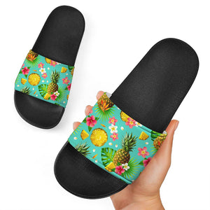 Blue Aloha Pineapple Pattern Print Black Slide Sandals