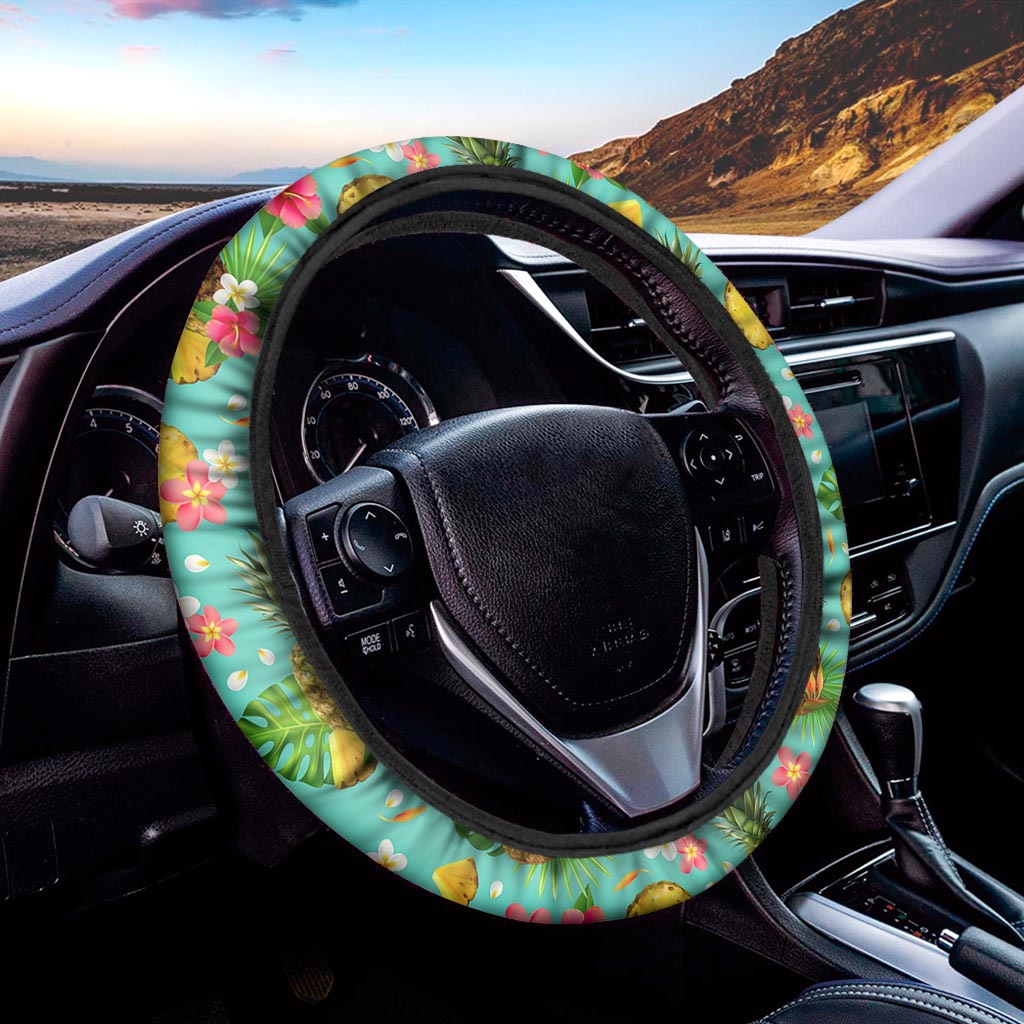 Blue Aloha Pineapple Pattern Print Car Steering Wheel Cover