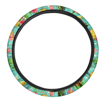 Blue Aloha Pineapple Pattern Print Car Steering Wheel Cover