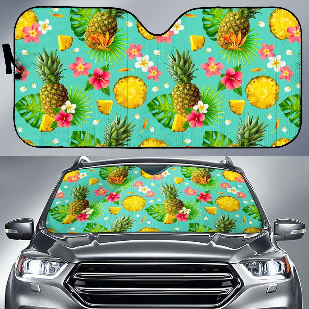 Blue Aloha Pineapple Pattern Print Car Sun Shade GearFrost