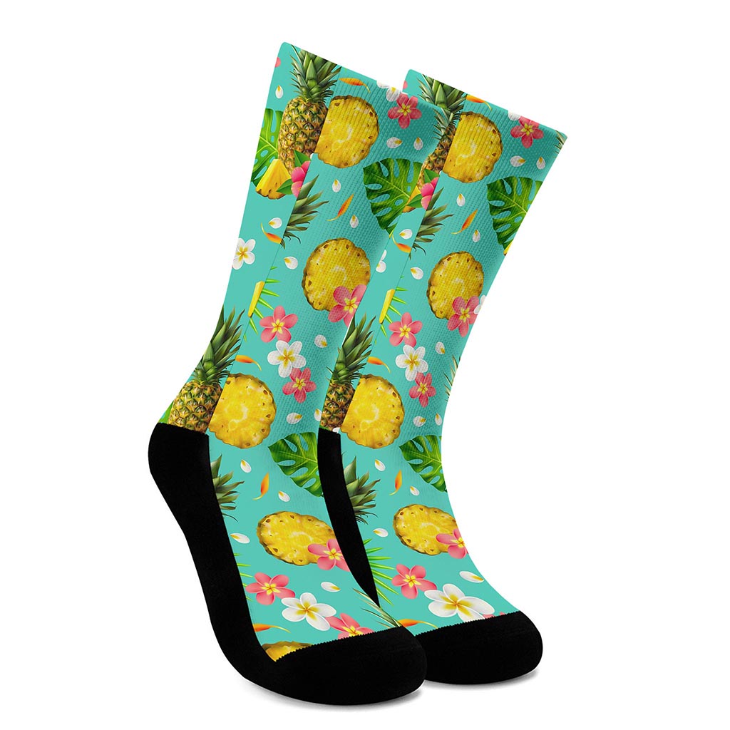 Blue Aloha Pineapple Pattern Print Crew Socks