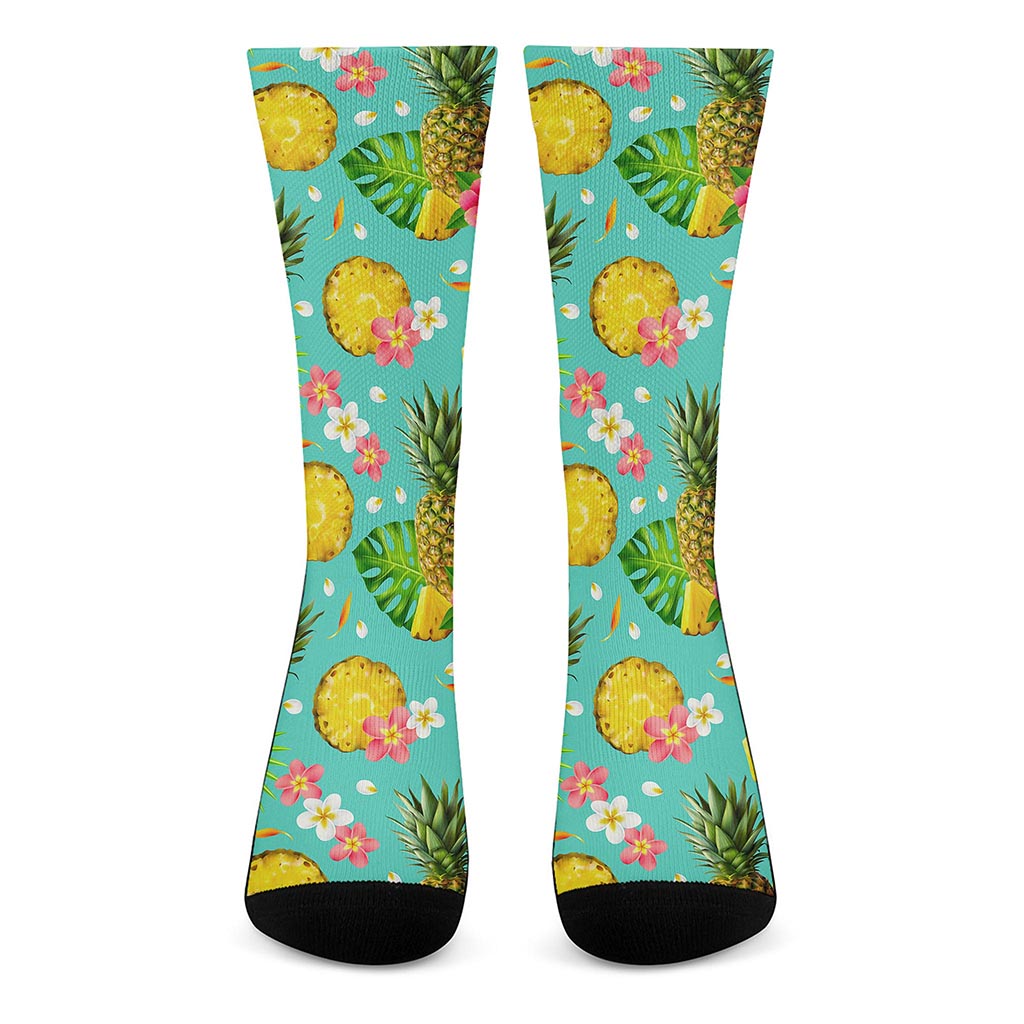 Blue Aloha Pineapple Pattern Print Crew Socks