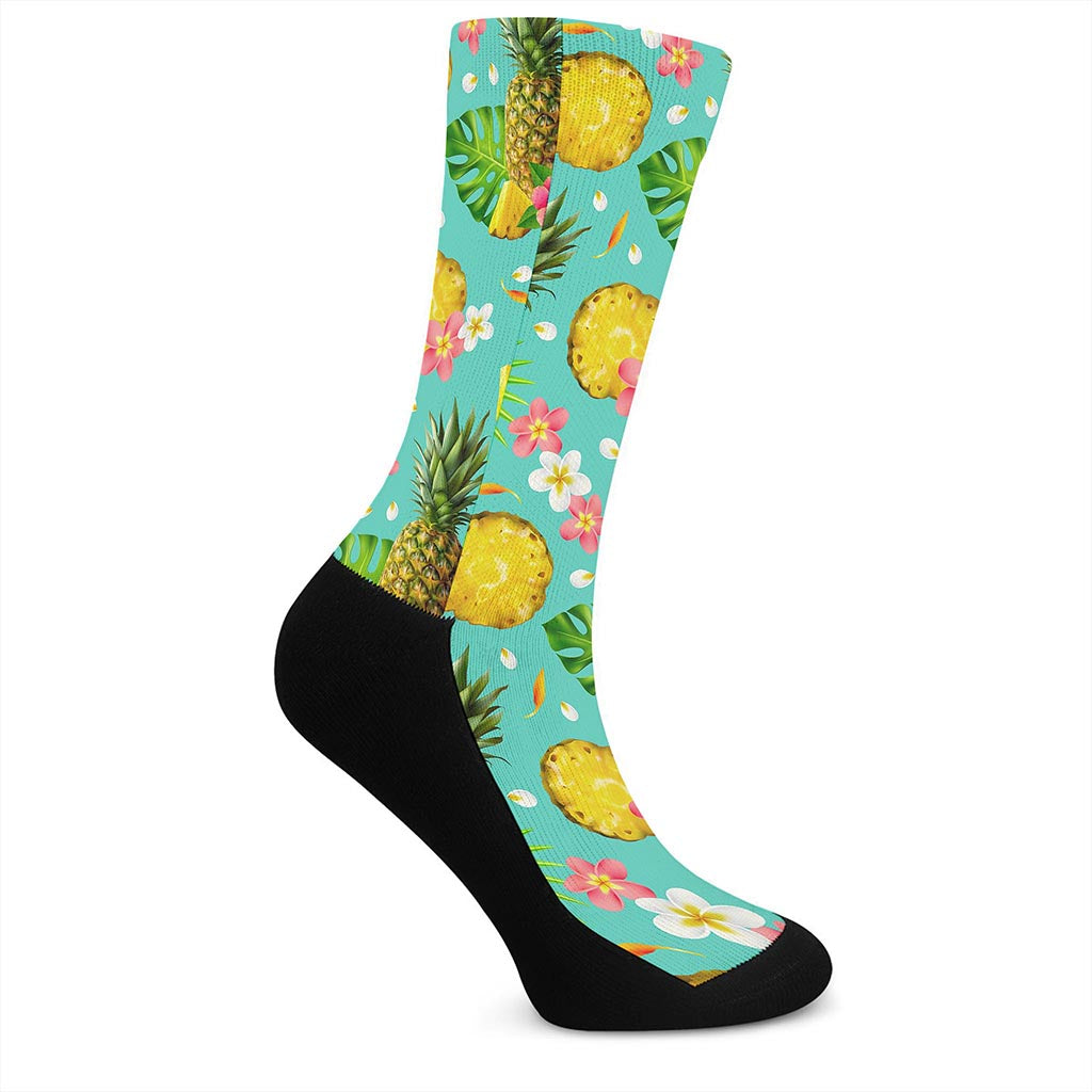 Blue Aloha Pineapple Pattern Print Crew Socks