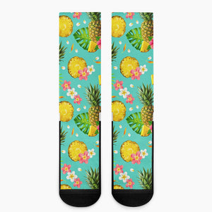 Blue Aloha Pineapple Pattern Print Crew Socks