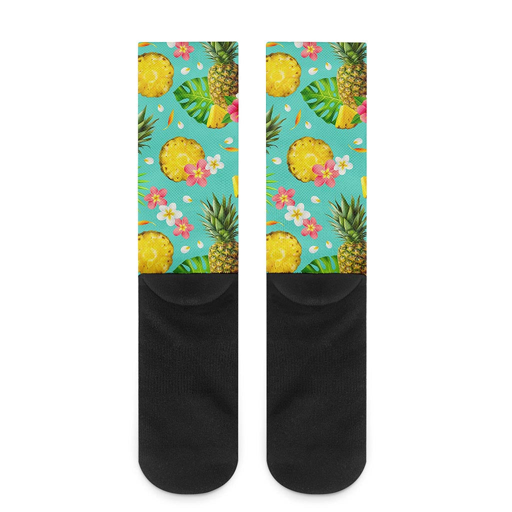 Blue Aloha Pineapple Pattern Print Crew Socks