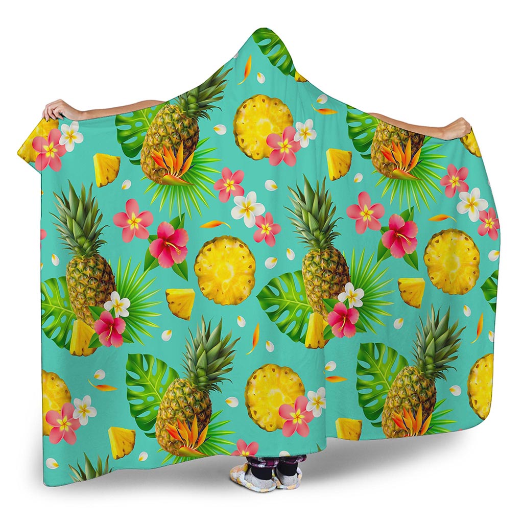 Blue Aloha Pineapple Pattern Print Hooded Blanket