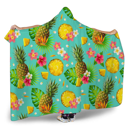 Blue Aloha Pineapple Pattern Print Hooded Blanket