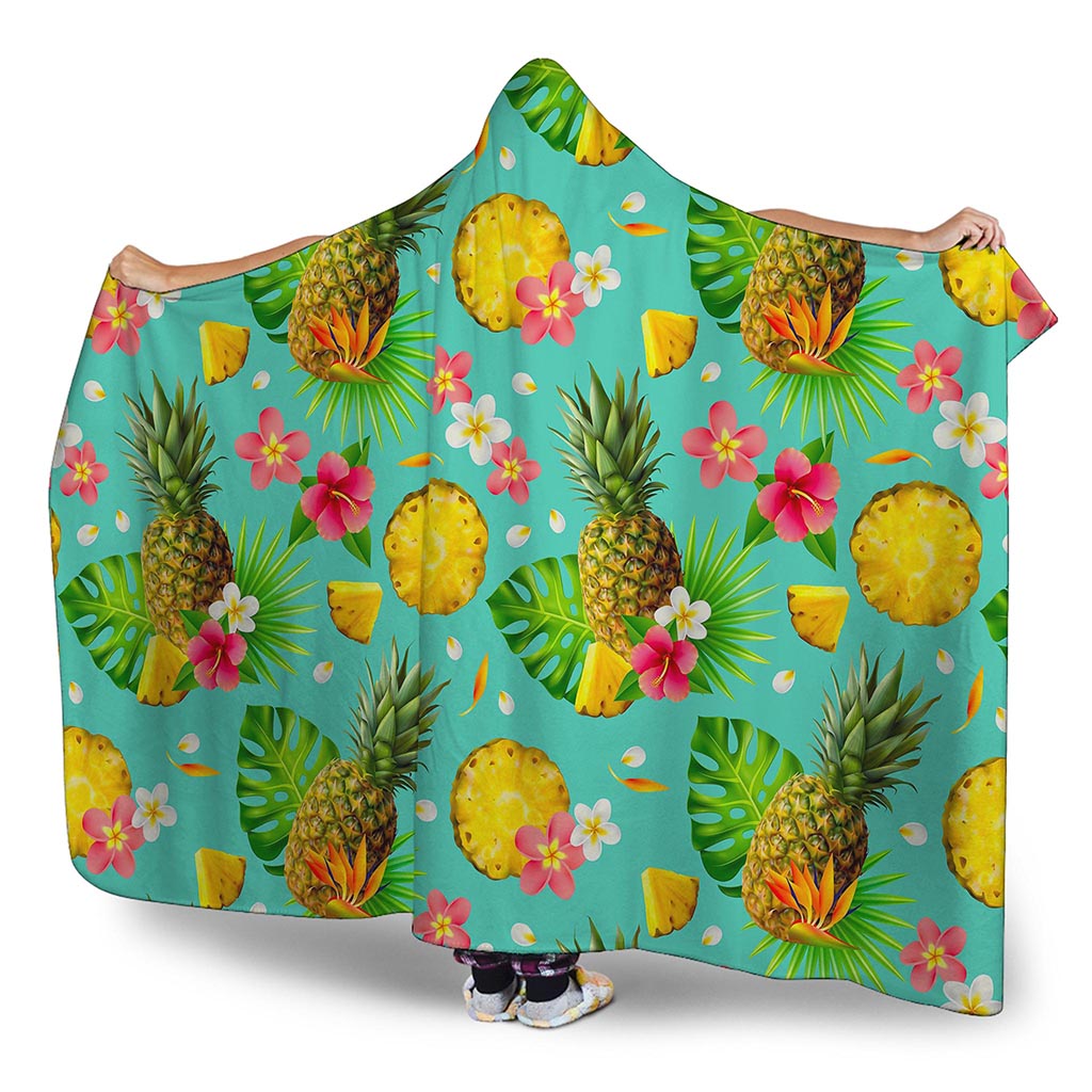 Blue Aloha Pineapple Pattern Print Hooded Blanket