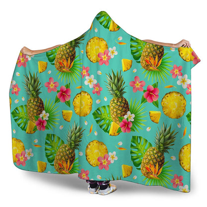 Blue Aloha Pineapple Pattern Print Hooded Blanket
